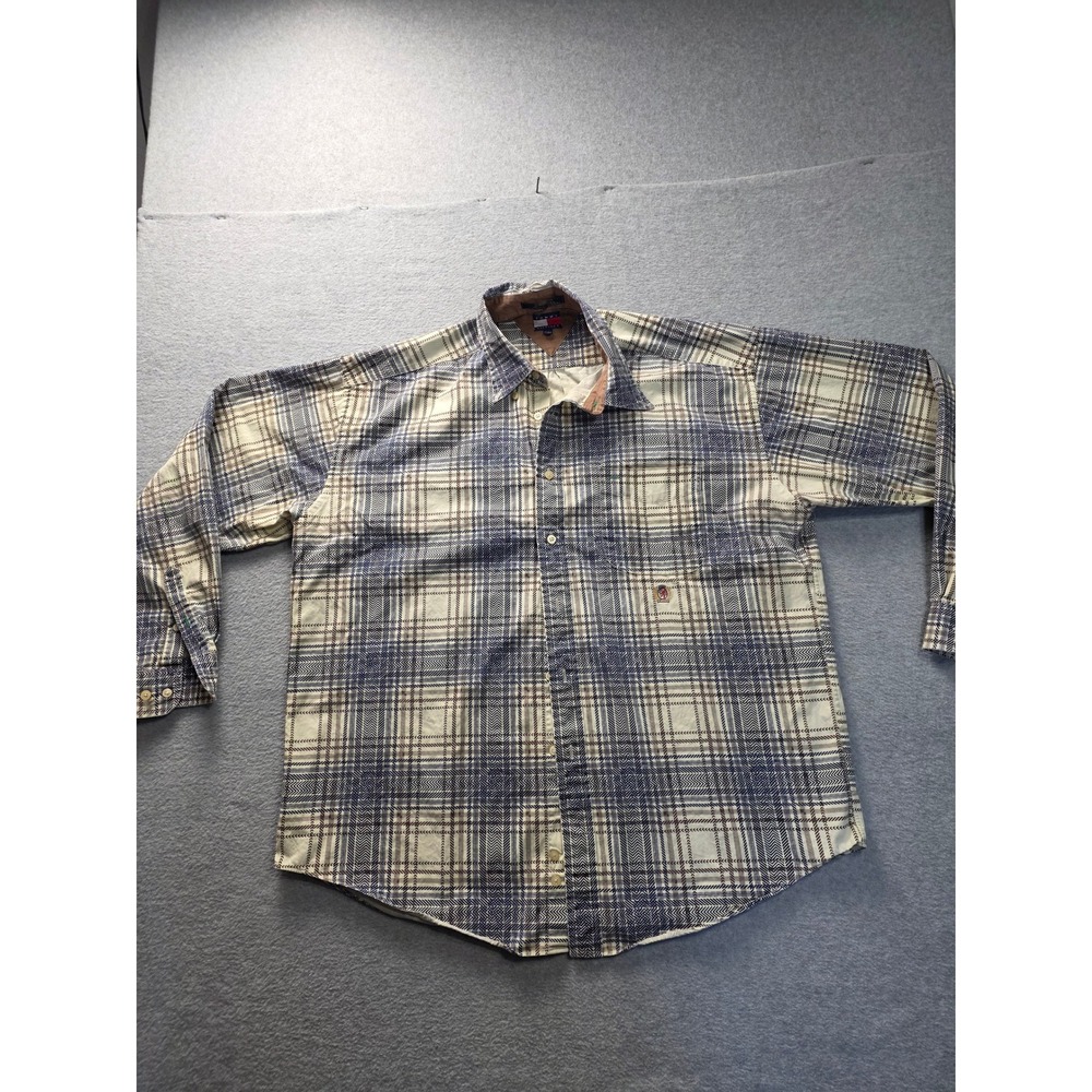 Tommy Hilfiger Mens XL L/S Plaid Button Down Shirt Tan Blue Crest Logo‎
